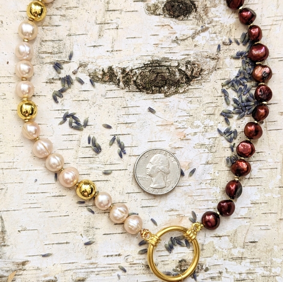 Natural Copper Iron Red Pearl And Peach Pearls In Assymetrical Necklace - Picture 8 of 9